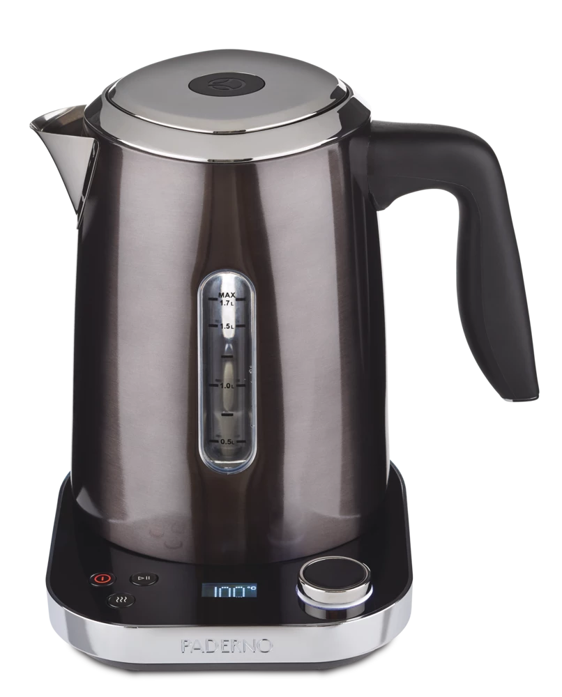 PADERNO Cordless Programmable Electric Kettle W/ Digital Display, Black Stainless Steel, 1.7L