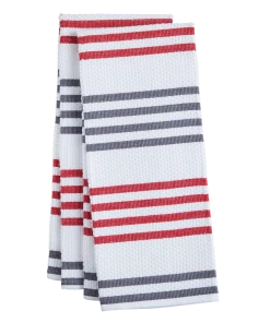 PADERNO Basket Weave Cotton Striped Kitchen Towels, 18-in X 28-in, 2-pk, Red/White/Grey