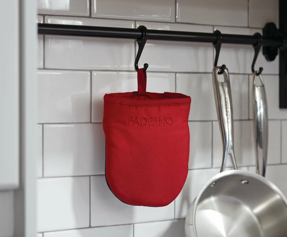 PADERNO Neoprene Palm Cotton Mini Oven Mitt With Hanging Loop, Non-Slip Grip, 1-pc, Red/Grey - Image 2