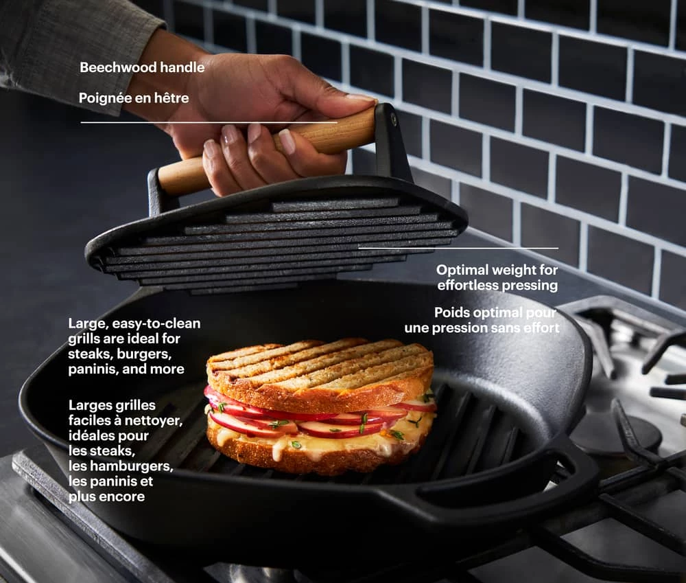 PADERNO Signature Pre-Seasoned Cast Iron Panini & Burger Grill Press, Black, 19.5x19.5cm - Image 8