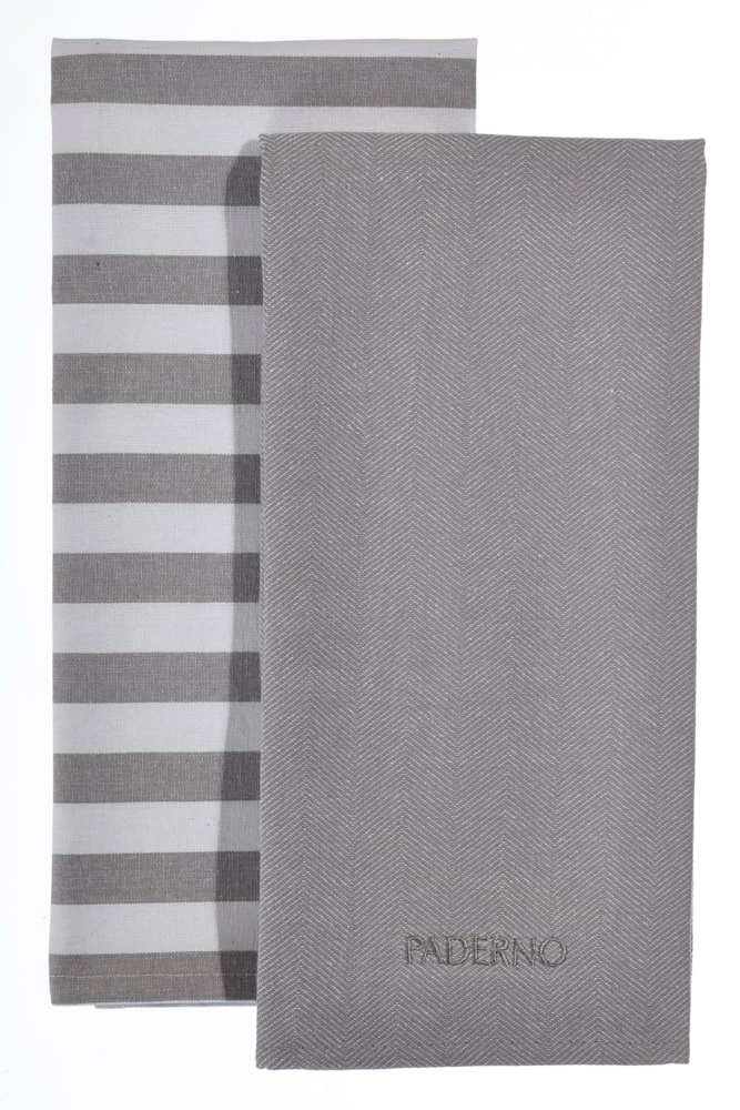 PADERNO Yarn-Dyed Cotton Kitchen Towels, 18-in X 28-in, 2-pk, Light Grey/White
